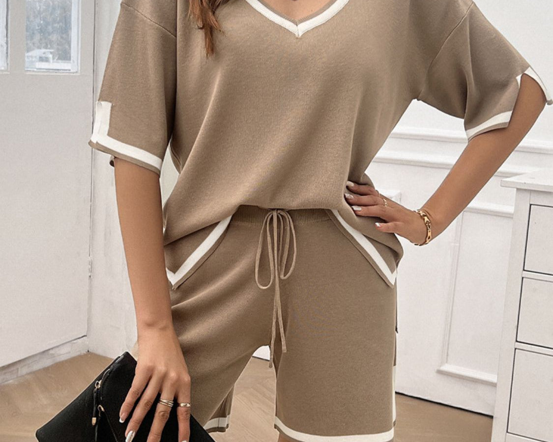 NYLD: Contrast Trim V-Neck Top and Shorts Set - NEWYORKLISTED