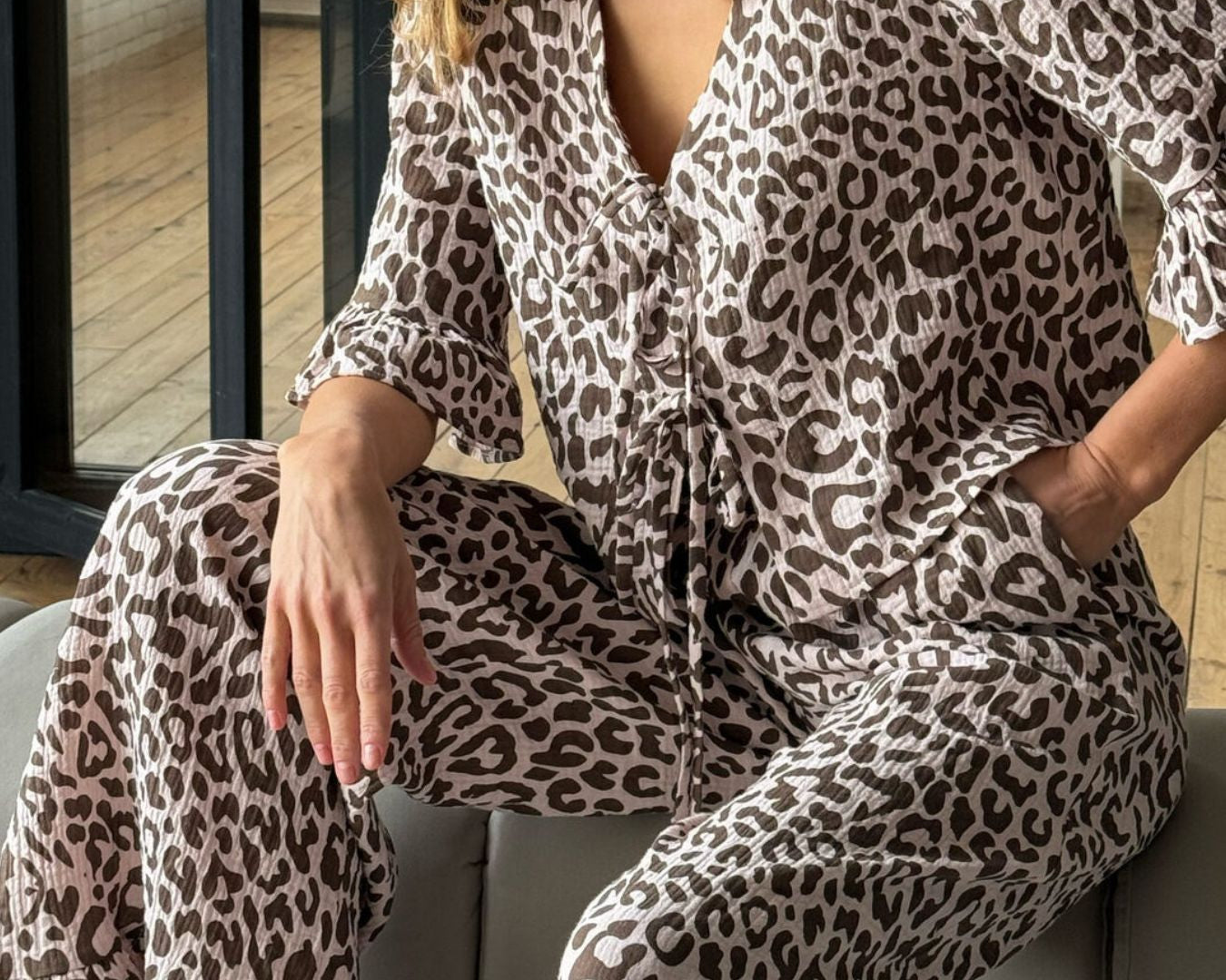 NEWYORKLISTED Intimate Apparel Collection: Leopard Print Ruffle Trim Top and Pants Lounge Set