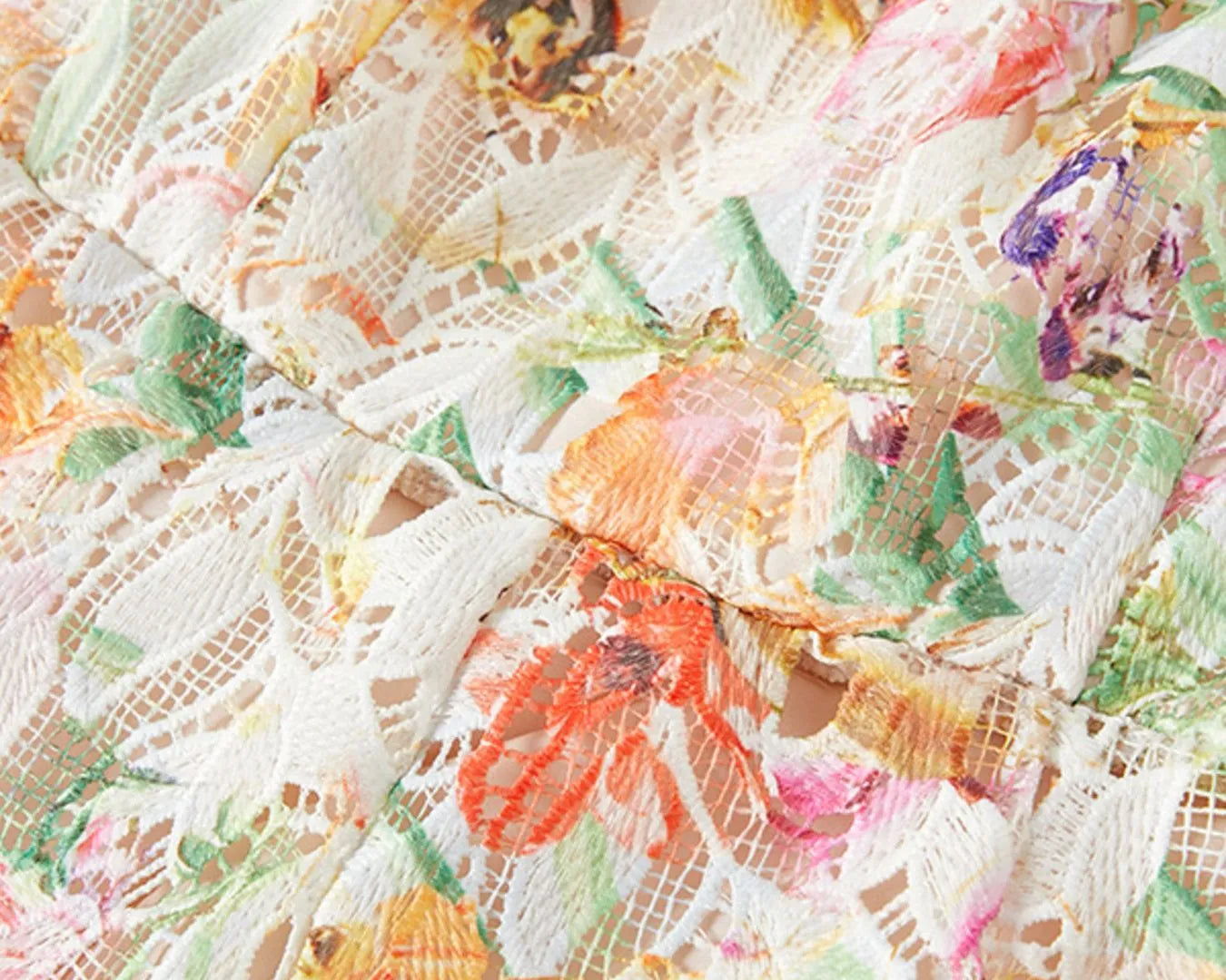NEWYORKLISTED STYLE COLLECTION: Close-up of floral lace fabric with colorful flowers.