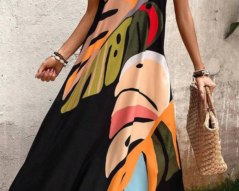 NEWYORKLISTED STYLE COLLECTION: Tropical Leaf Print V-Neck Maxi Cami Dress