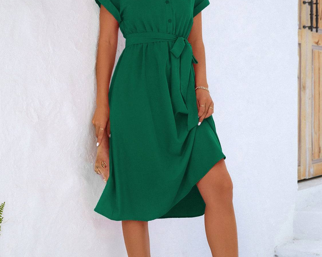 NYLD Buttoned Tie Waist Short Sleeve Dress - NEWYORKLISTED