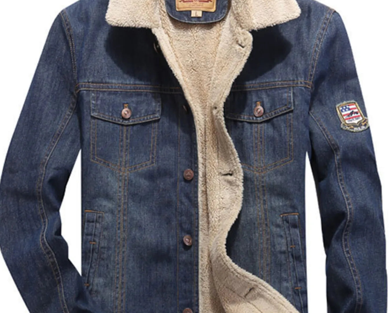 NEWYORKLISTED ATLAS MEN"S COLLECTION: Denim jacket with beige fleece lining on a white background