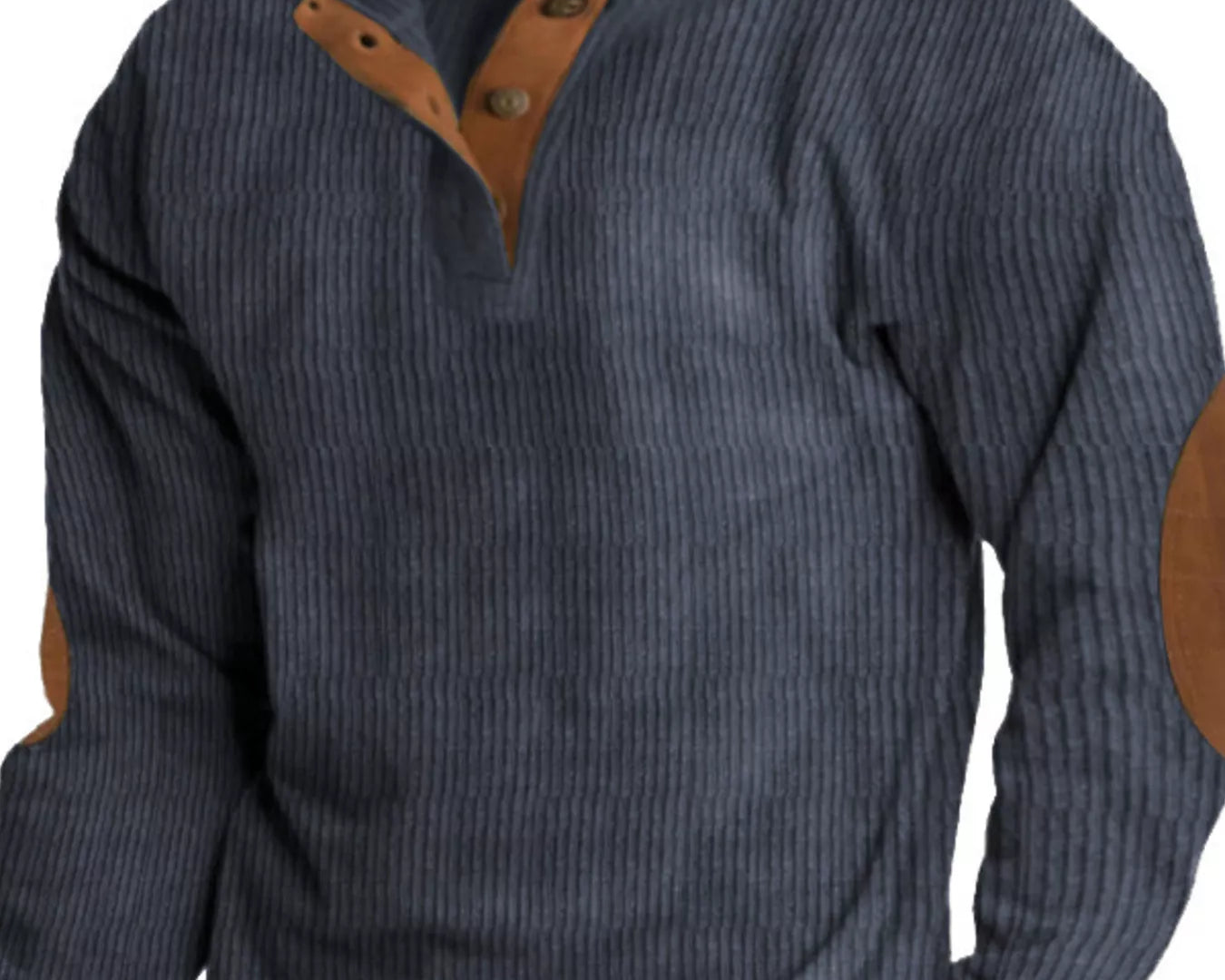 NEWYORKLISTED ATLAS MEN's COLLECTION: Blue ribbed sweater with brown leather accents on a white background