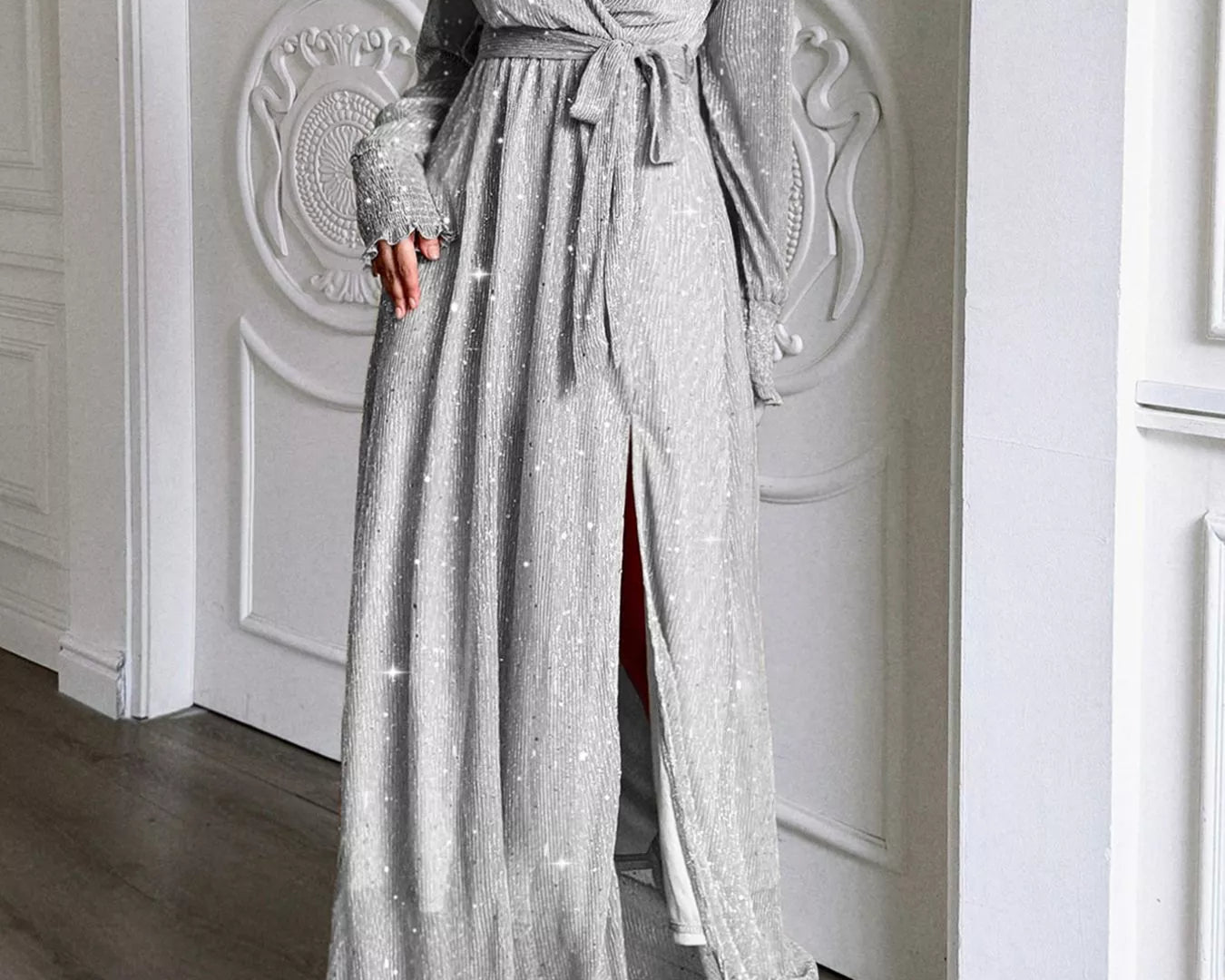 NEWYORKLISTED STYLE COLLECTION: model wearing a silver sequin dress in a room with decorative white paneling.