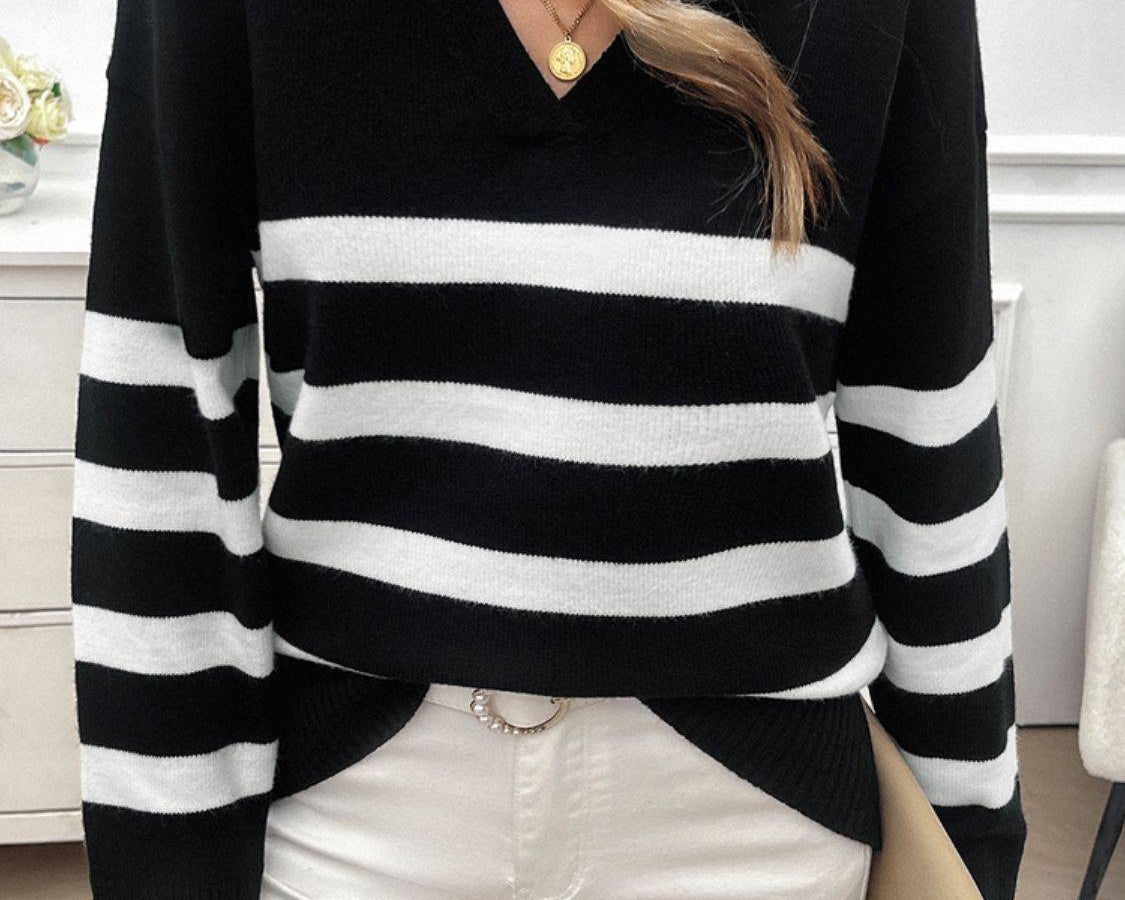 NYLD Striped Collared Neck Long Sleeve Sweater - NEWYORKLISTED