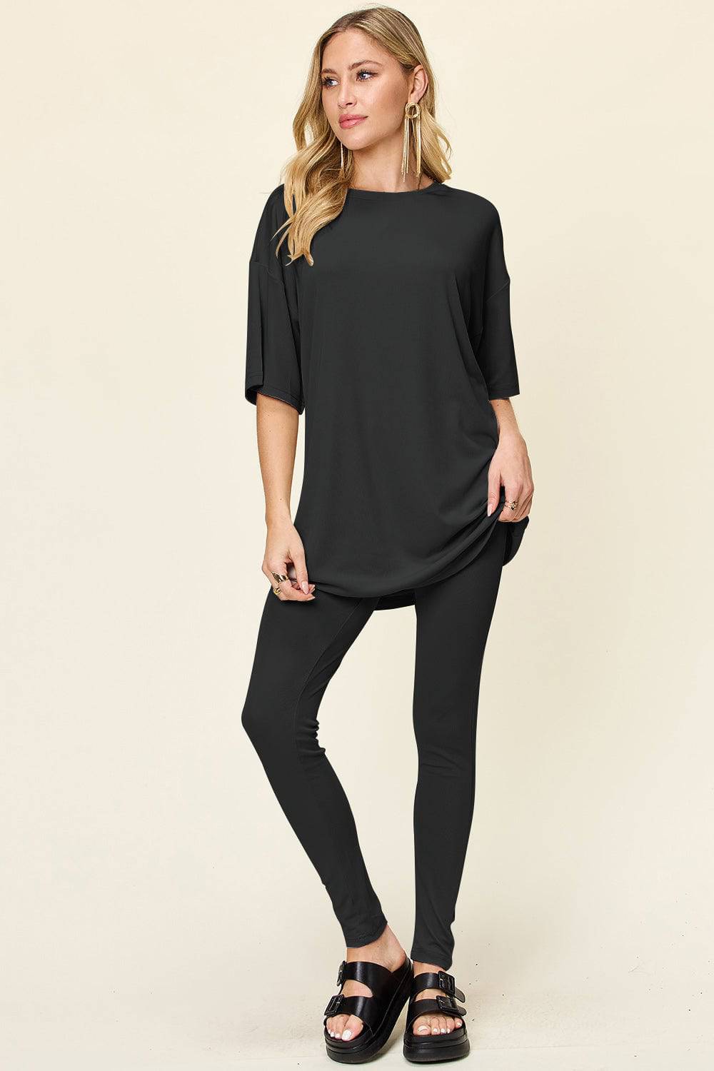 NEWYORKLISTED STYLE COLLECTION: Round Neck Dropped Shoulder T-Shirt and Leggings Set - NEWYORKLISTED