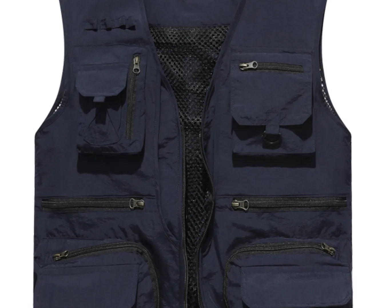 NEWYORKLISTED ATLAS MEN"S COLLECTION: Navy blue vest with multiple pockets and zippers on a white background