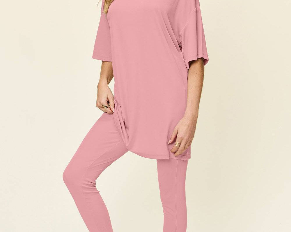 NEWYORKLISTED STYLE COLLECTION: Round Neck Dropped Shoulder T-Shirt and Leggings Set - NEWYORKLISTED