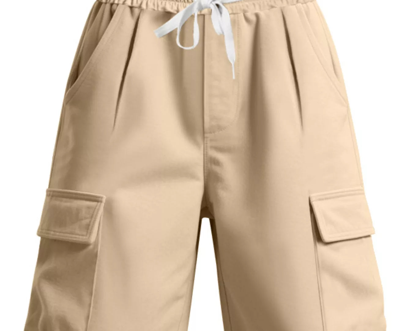 Beige cargo shorts with a drawstring on a white background