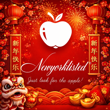 Newyorklisted logo on a festive red background with Chinese New Year elements.