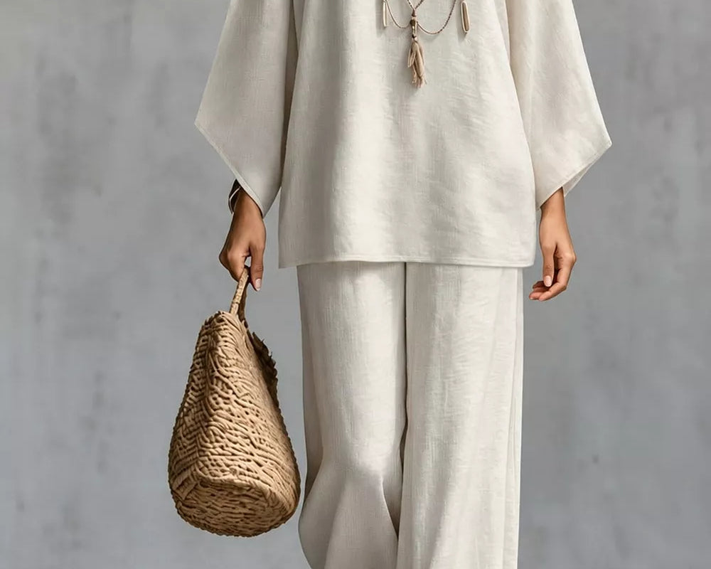 NEWYORKLISTED STYLE COLLECTION: A model wearing a cream-colored two-piece linen outfit consisting of a loose-fitting short-sleeve top and matching wide-leg pants, accessorized with layered necklaces and holding a woven straw bag against a gray concrete background.