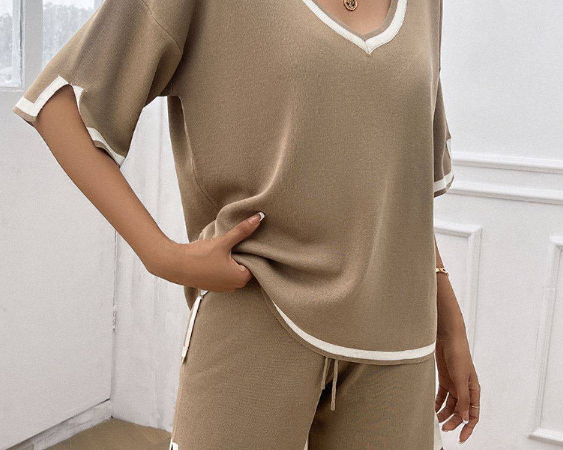 NYLD: Contrast Trim V-Neck Top and Shorts Set - NEWYORKLISTED