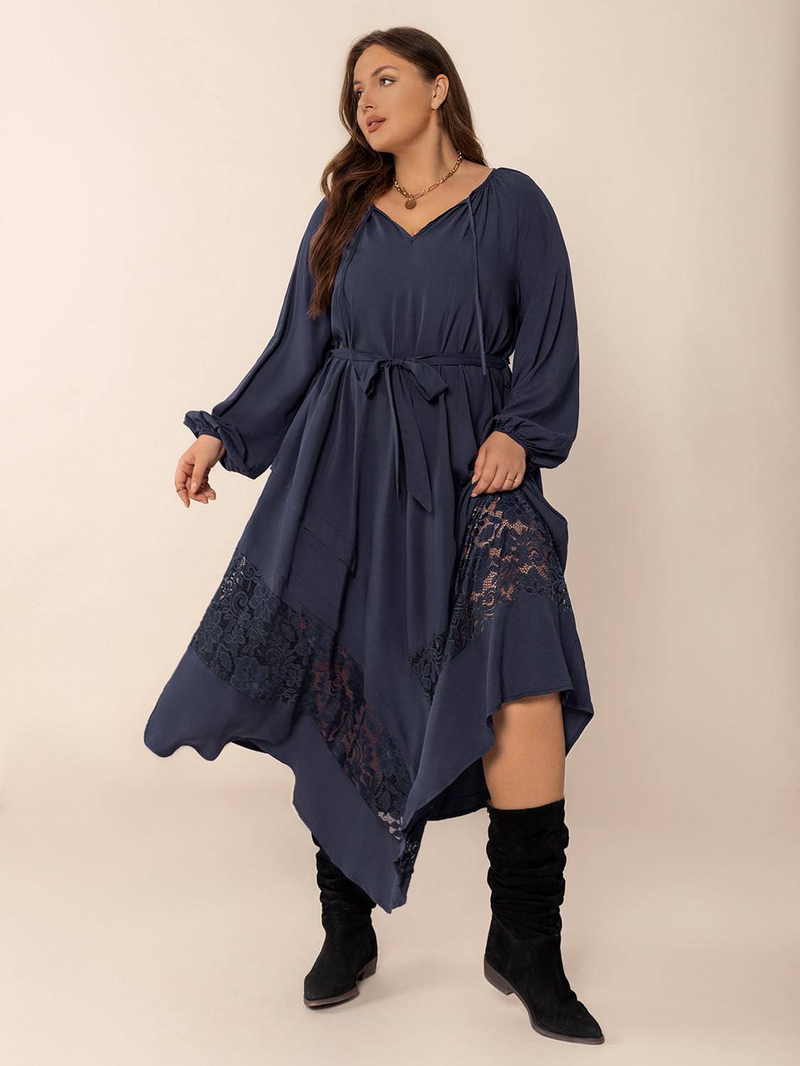 Plus Size Lace Detail Tie Neck Long Sleeve Midi Dress - NEWYORKLISTED