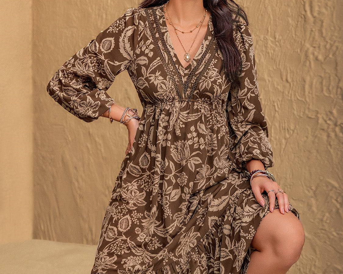Ruched Printed V-Neck Long Sleeve Midi Dress - NEWYORKLISTED