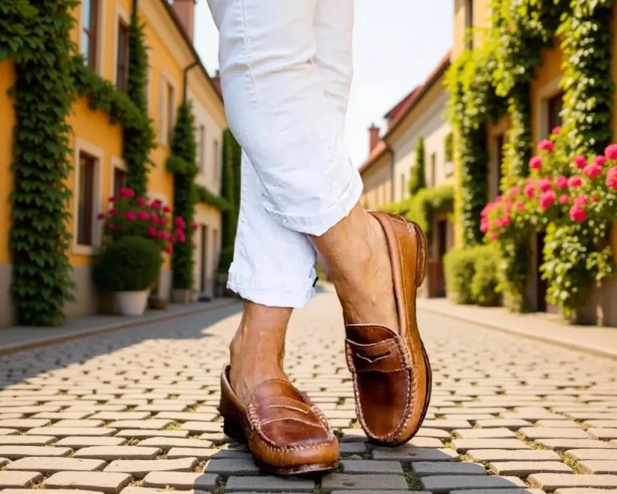 NEWYORKLISTED SHOE COLLECTION: A person wearing white pants and brown leather penny loafers walking on a cobblestone street lined with yellow buildings and green ivy.