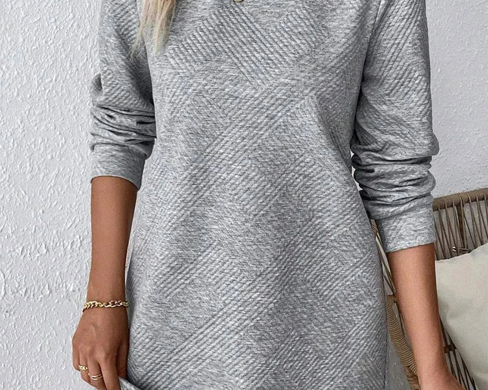 Textured Round Neck Long Sleeve Mini Dress - NEWYORKLISTED