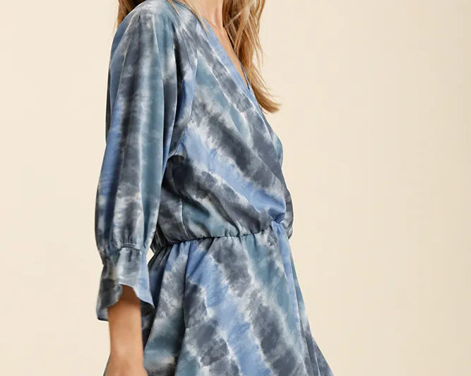 Blue and grey tie dye ruffled layered wrap dress with elastic waistband – NEWYORKLISTED STYLE COLLECTION