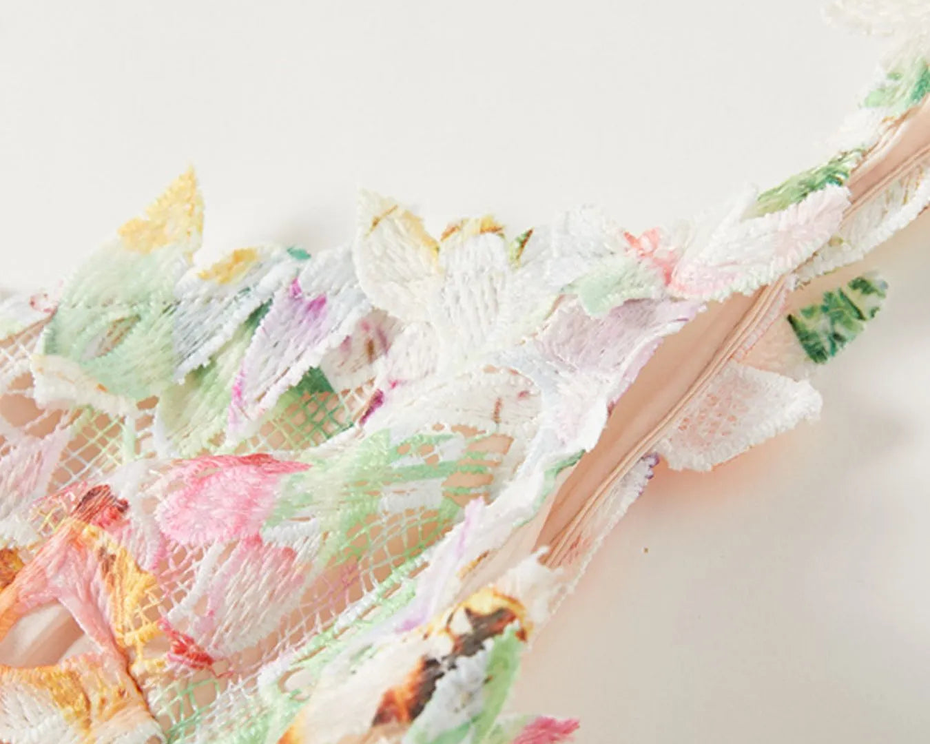 NEWYORKLISTED STYLE COLLECTION: Close-up of colorful floral-patterned fabric on a light background