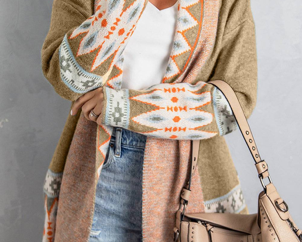 Geometric Open Front Long Sleeve Cardigan - NEWYORKLISTED