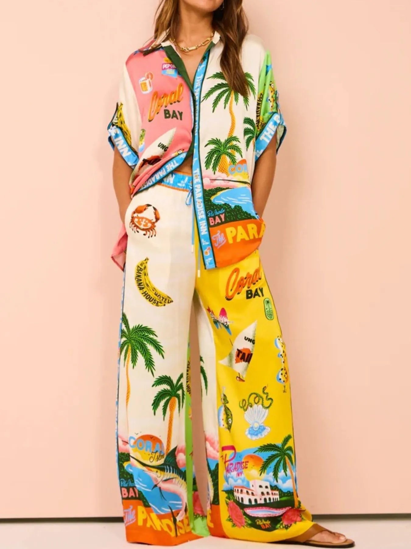 NEWYORKLISTED STYLE COLLECTION: Printed Half Sleeve Shirt and Wide Leg Pants Set