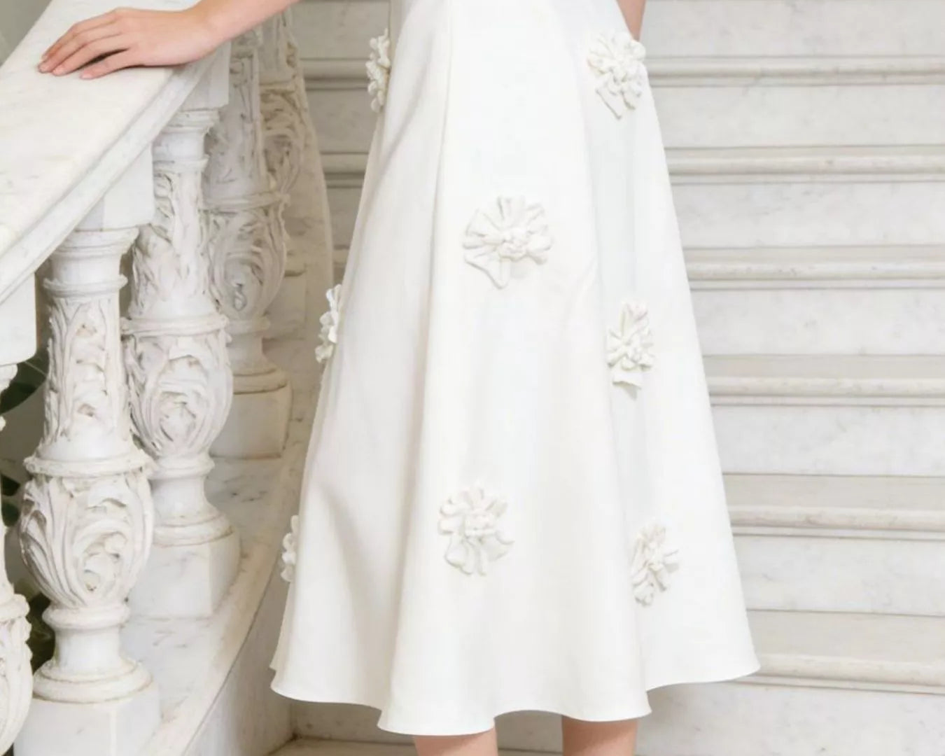 NEWYORKLISTED STYLE COLLECTION: Person wearing a white dress with floral embroidery and black high heels on a staircase.