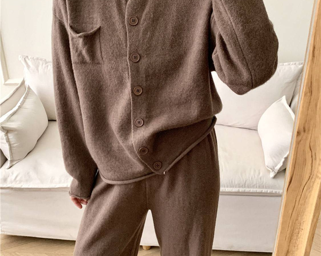 NEWYORKLISTED STYLE COLLECTION: Pocketed Round Neck Button Up Cardigan and Pants Sweater Set - NEWYORKLISTED