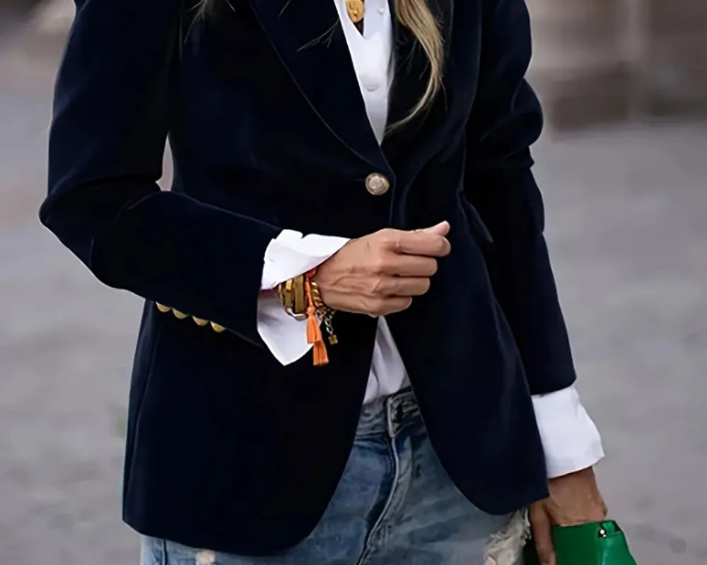 NEWYORKLISTED STYLE COLLECTION: One Button Lapel Collar Long Sleeve Blazer in Black Forest