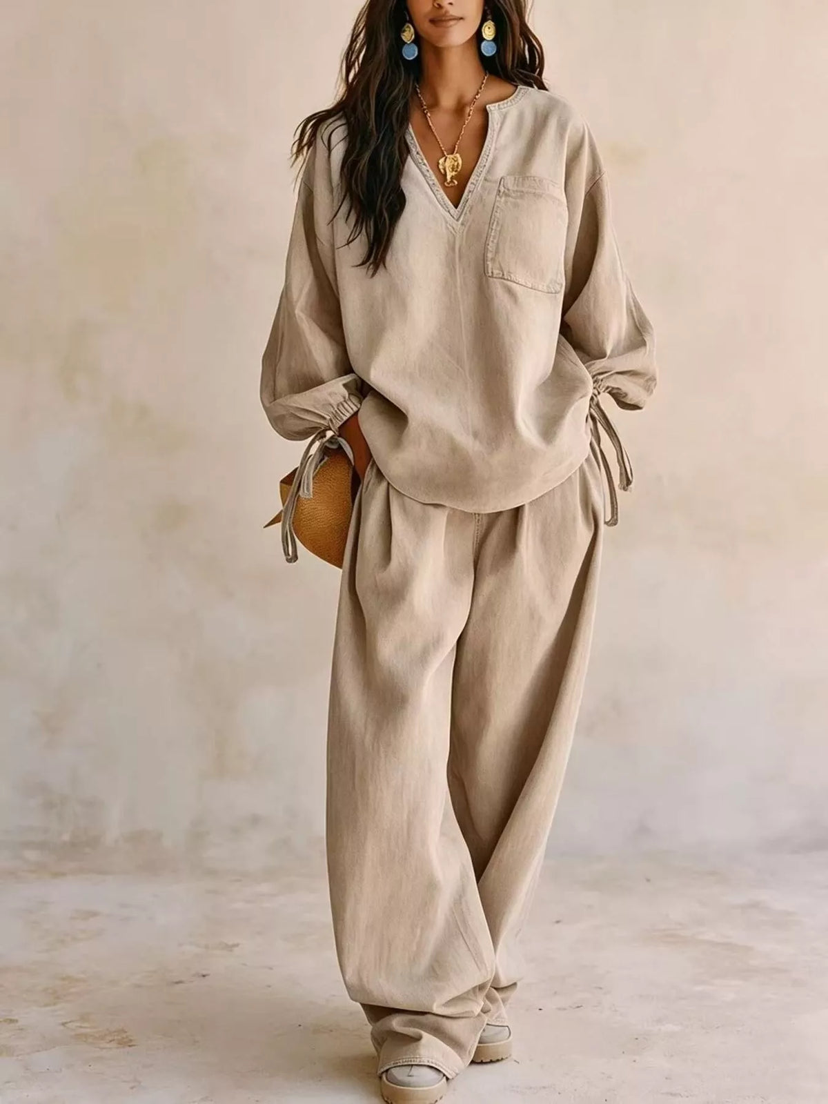 NEWYORKLISTED STYLE COLLECTION: A woman models a beige linen two-piece lounge set consisting of a long-sleeve V-neck top with tie details at the cuffs and matching wide-leg trousers, set against a textured beige wall.