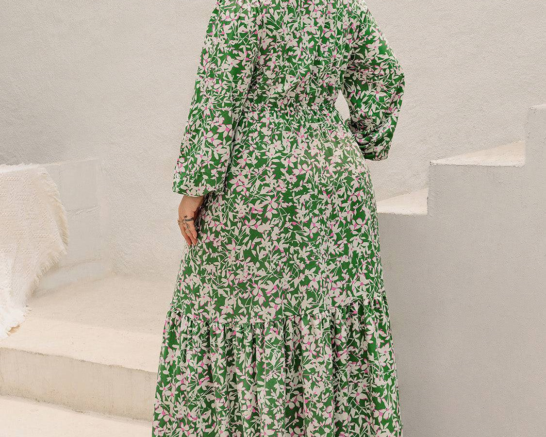 Plus Size Printed Notched Long Sleeve Maxi Dress - NEWYORKLISTED