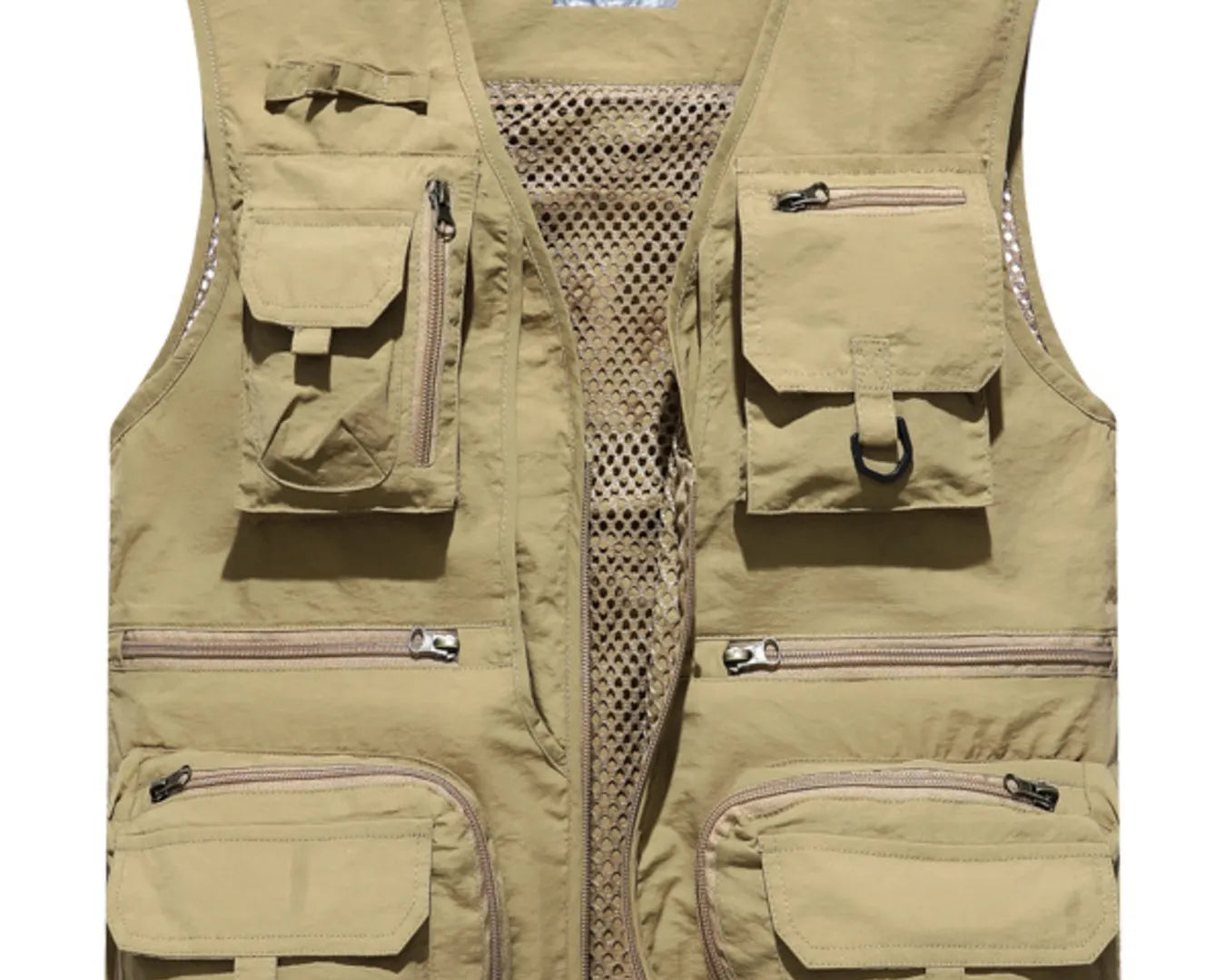 NEWYORKLISTED ATLAS MEN"S COLLECTION: Beige fishing vest with multiple pockets and zippers on a white background