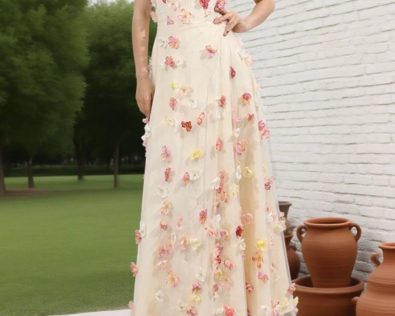 NEWYORKLISTED STYLE COLLECTION: Woman wearing a strapless floral dress standing in front of a white brick wall with greenery.