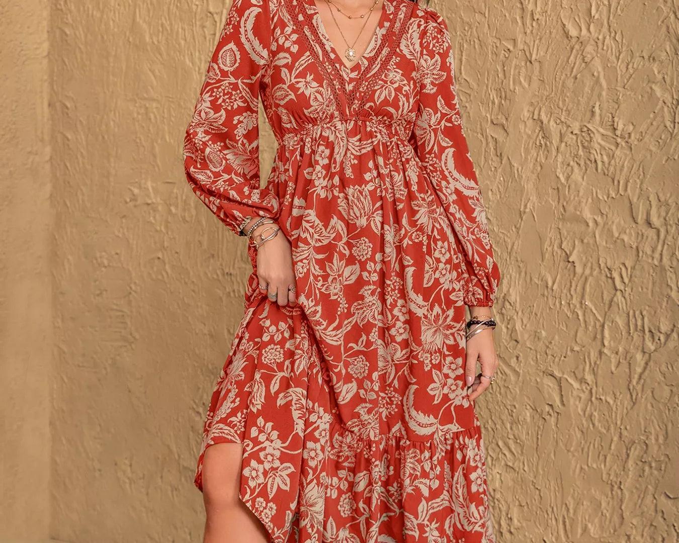 NEWYORKLISTED STYLE COLLECTION: Boho Floral Print Long Sleeve Midi Dress