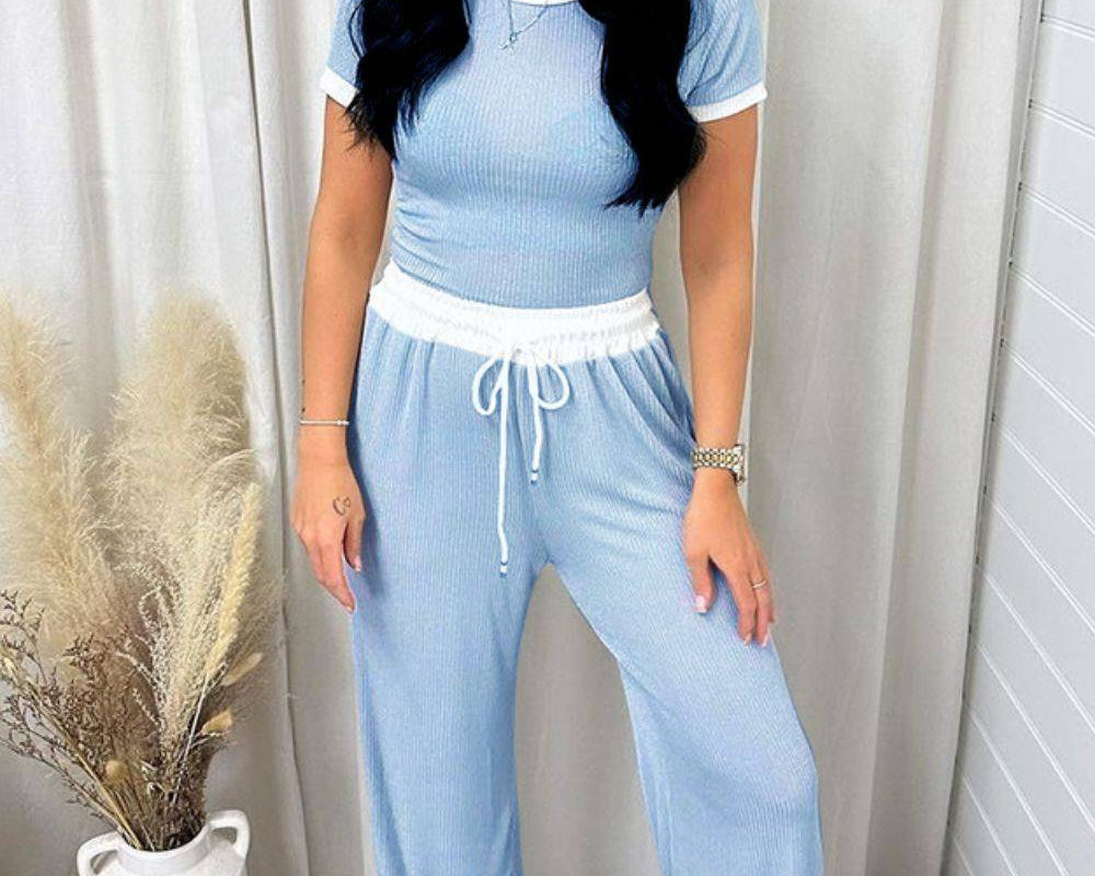 NYLD: Contrast Trim Round Neck Top and Pants Set - NEWYORKLISTED