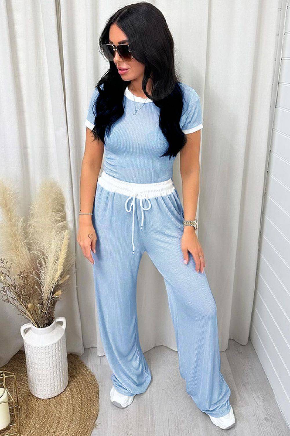 NYLD: Contrast Trim Round Neck Top and Pants Set - NEWYORKLISTED