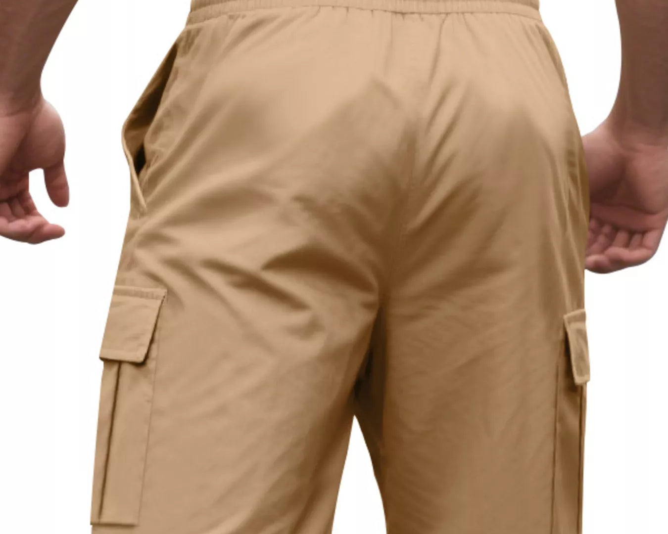 NEWYORKLISTED ATLAS MEN'S COLLECTION: Beige cargo shorts worn by a person on a white background