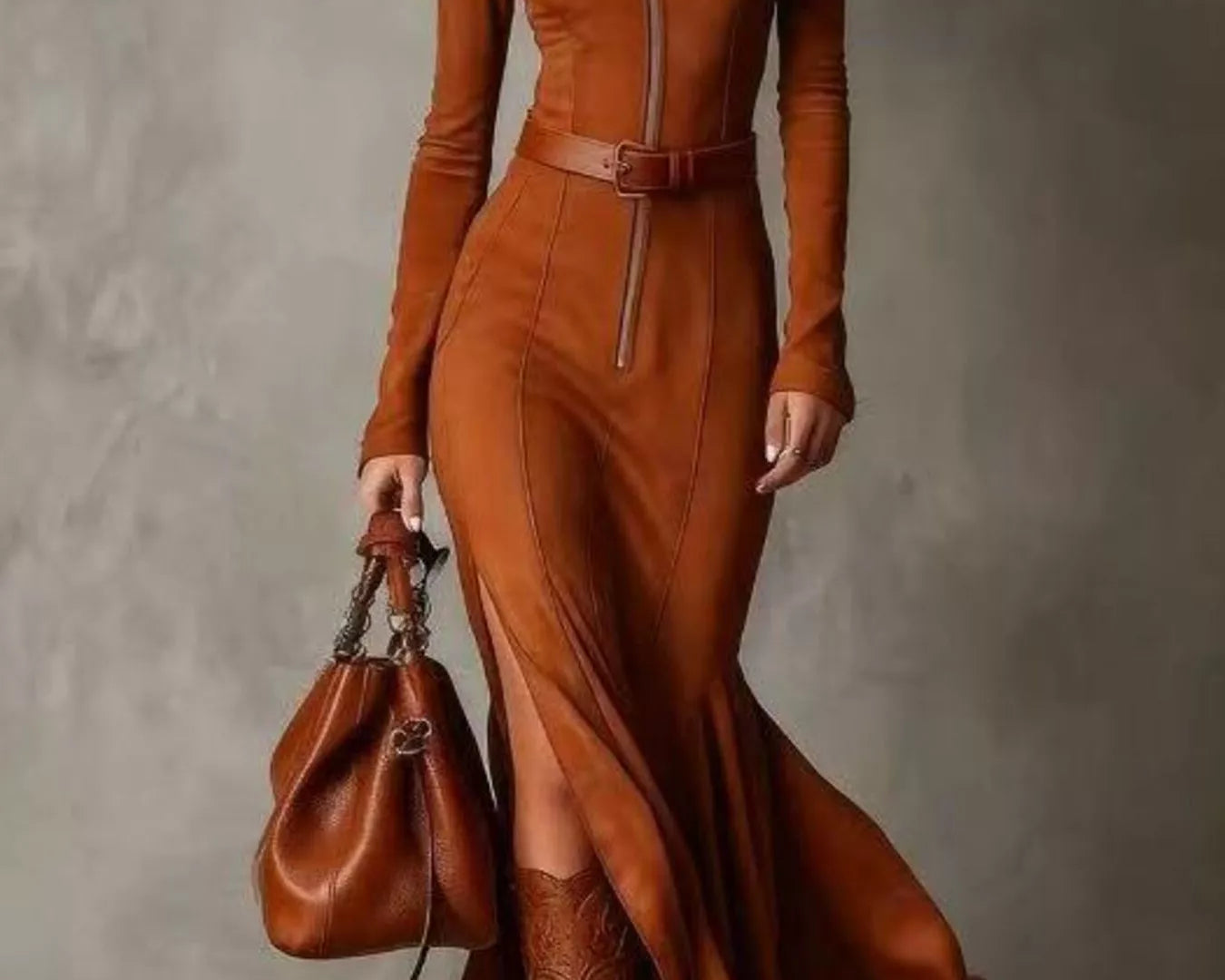 NEWYORKLISTED STYLE COLLECTION: Woman wearing a long brown dress with a belt, holding a matching handbag against a neutral background.