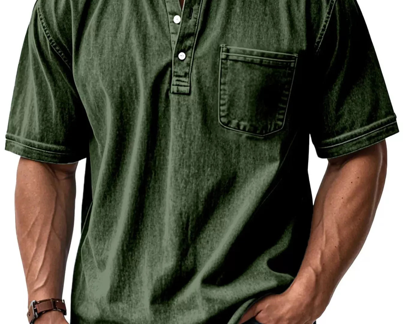 NEWYORKLISTED ATLAS MEN'S COLLECTION: Green short-sleeve henley shirt worn by a person on a white background