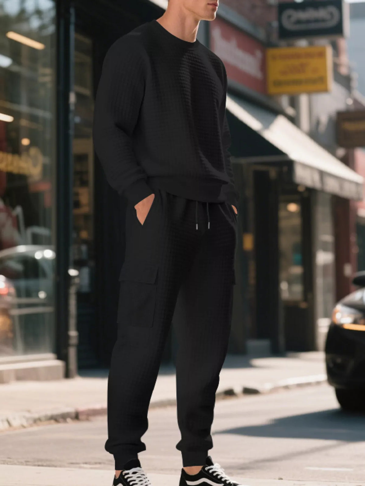 NEWYORKLISTED ATLAS MEN'S COLLECTION: A man wearing a black ribbed long-sleeve sweater and matching black jogger pants stands on a city street with his hands in his pockets, wearing black and white sneakers.