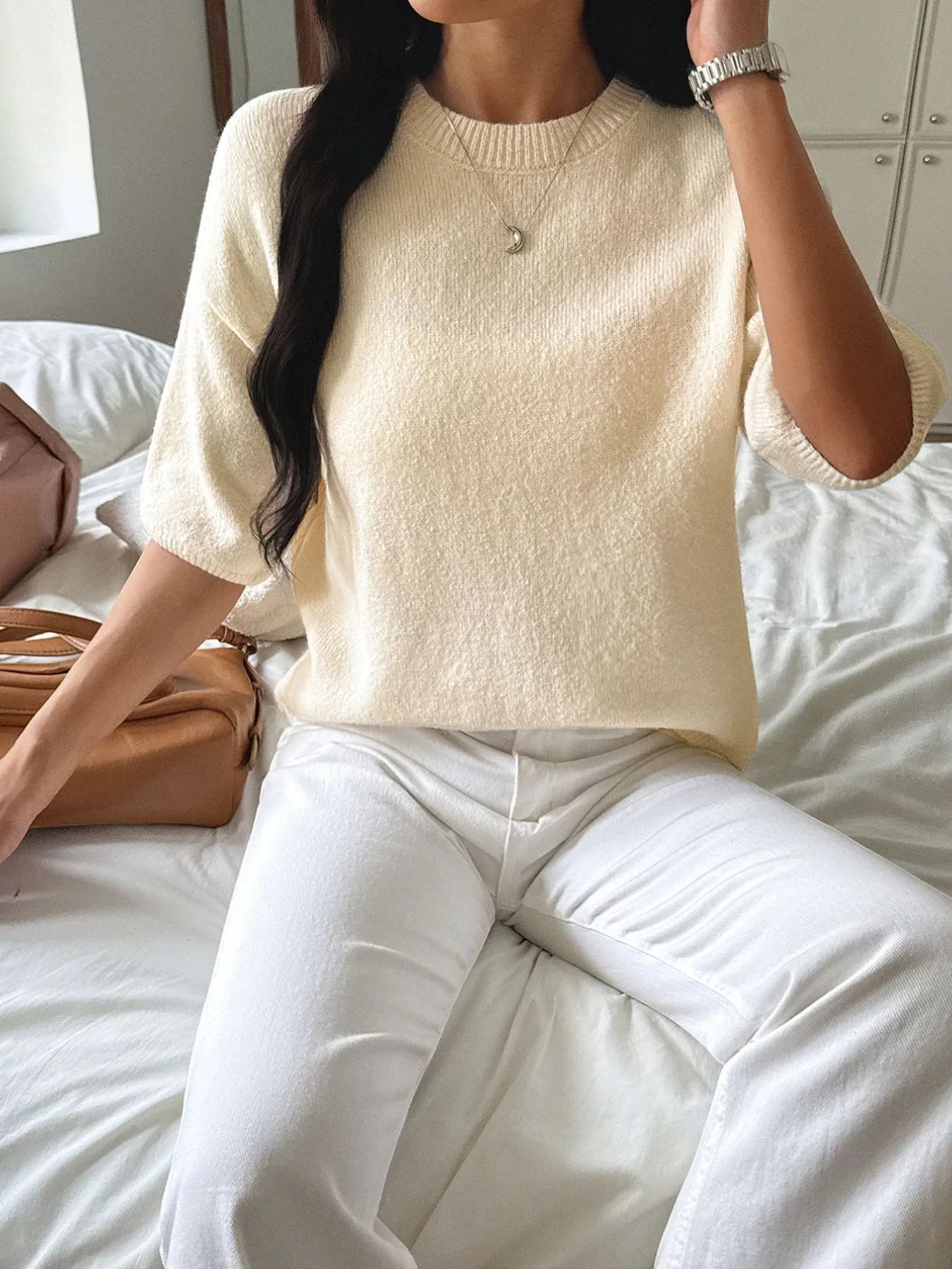 NEWYORKLISTED STYLE COLLECTION: Women's Ribbed Hem Round Neck Sweater – Cozy, Chic & Slightly Cropped in Camel