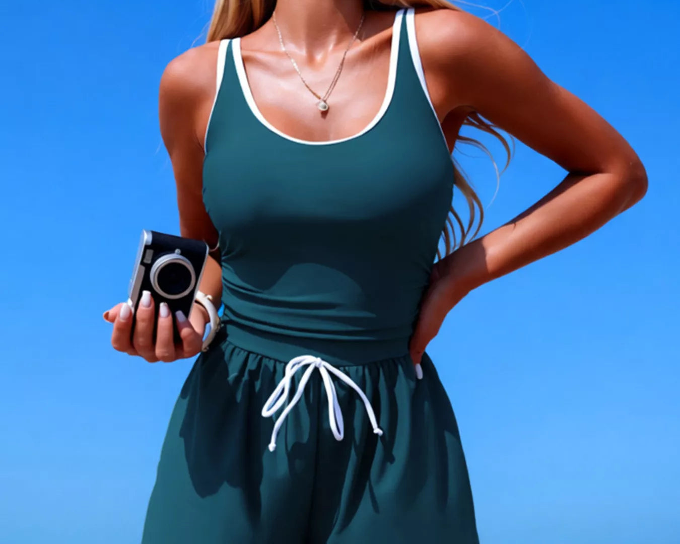 NEWYORKLISTED STYLE COLLECTION: Woman in a teal romper standing on a beach with clear blue sky