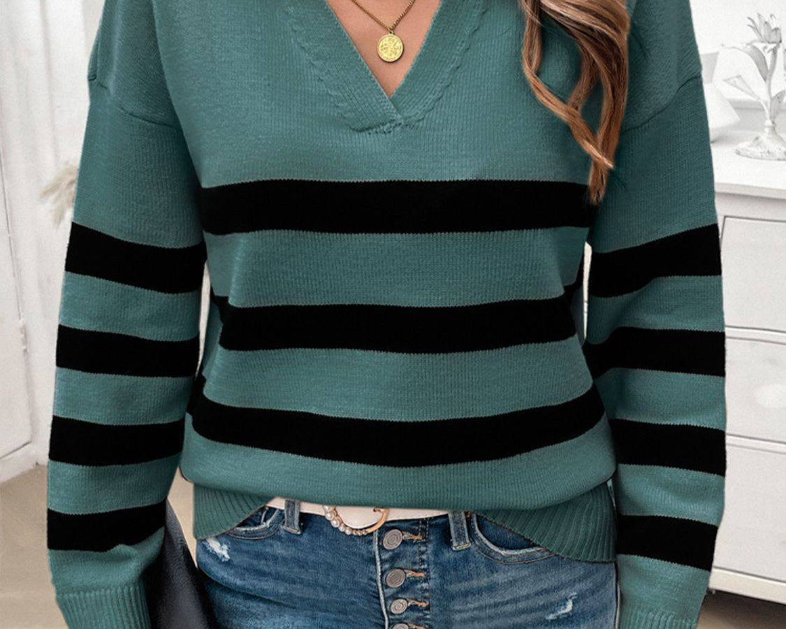 NYLD Striped Collared Neck Long Sleeve Sweater - NEWYORKLISTED
