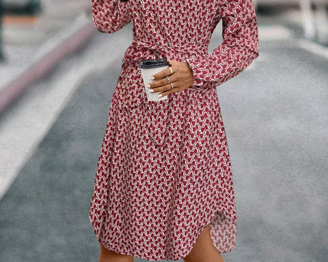 Tied Printed Notched Balloon Sleeve Dress - NEWYORKLISTED