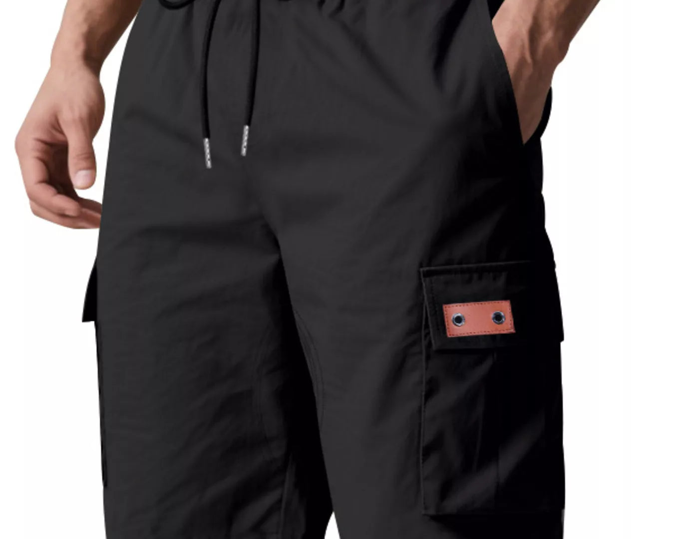 NEWYORKLISTED ATLAS MEN'S COLLECTION: Black cargo shorts with a pocket detail on a white background