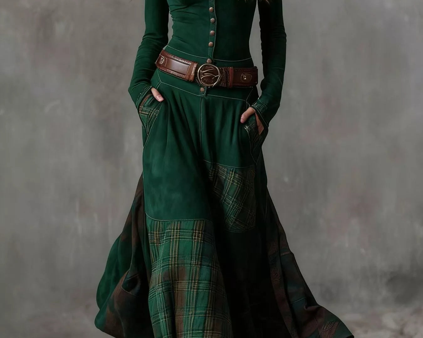NEWYORKLISTED Style Collection: Woman wearing a long green dress with plaid pattern and brown belt against a gray background