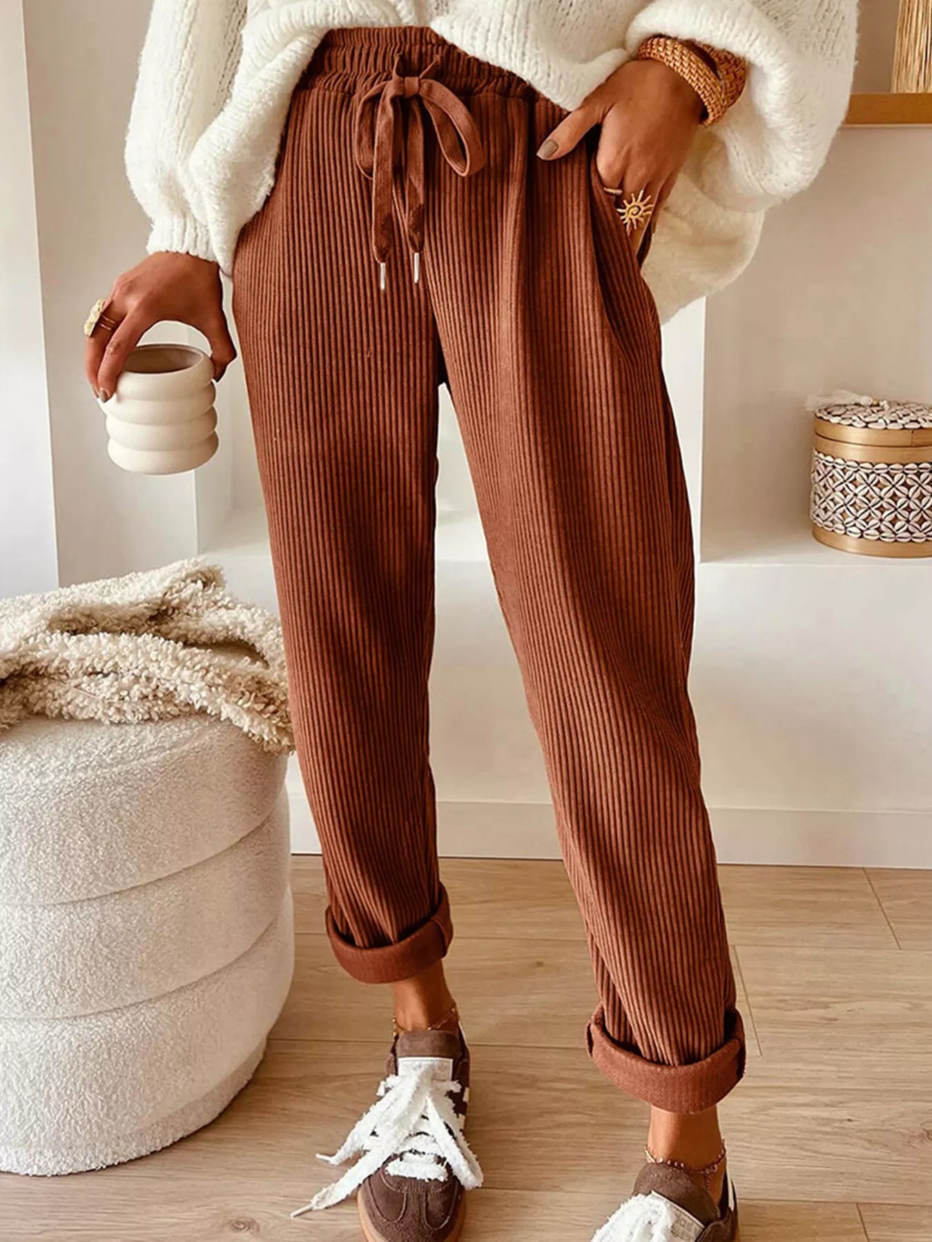 Casual corduroy drawstring pants for women with relaxed fit and soft texture from NEWYORKLISTED STYLE COLLECTION