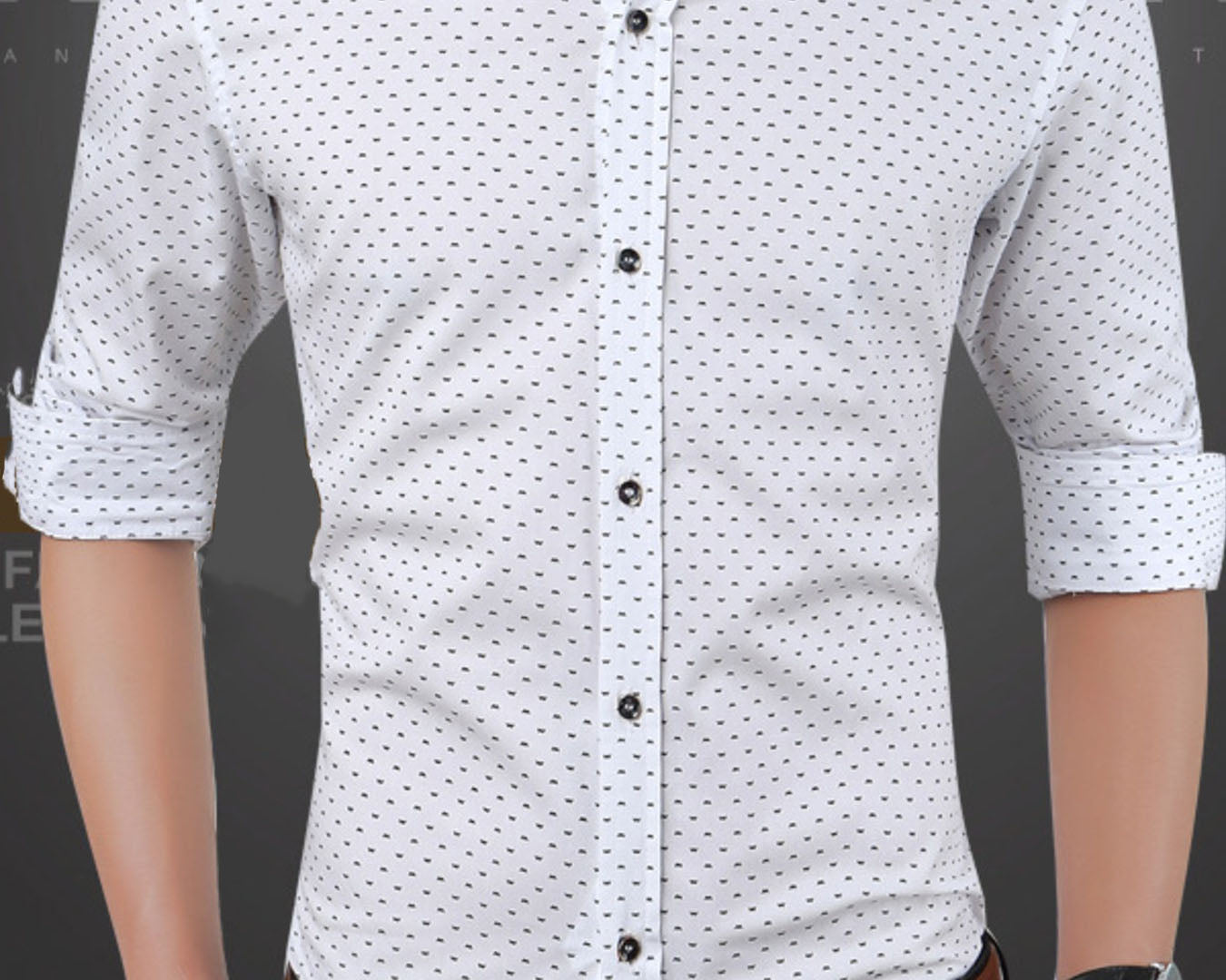 NEWYORKLISTED ATLAS MEN's COLLECTION: White shirt with black polka dots worn by a man on a dark background