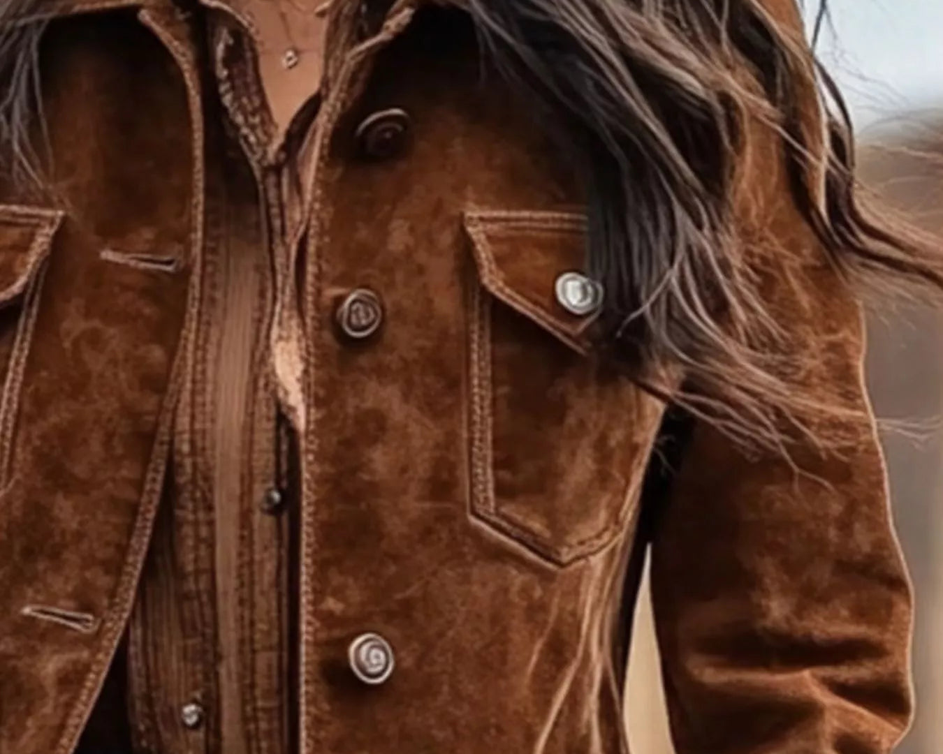 NEWYORKLISTED STYLE COLLECTION: Brown suede jacket worn by a person with a neutral background