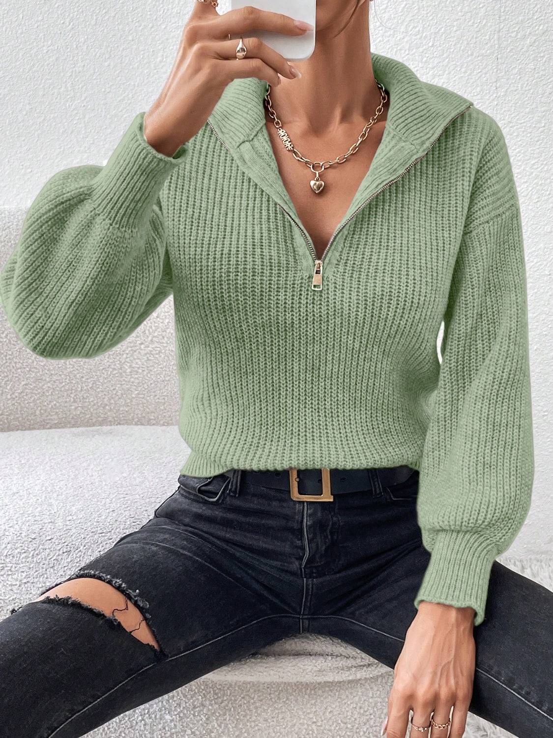 Honey Half Zip Dropped Shoulder Sweater - NEWYORKLISTED