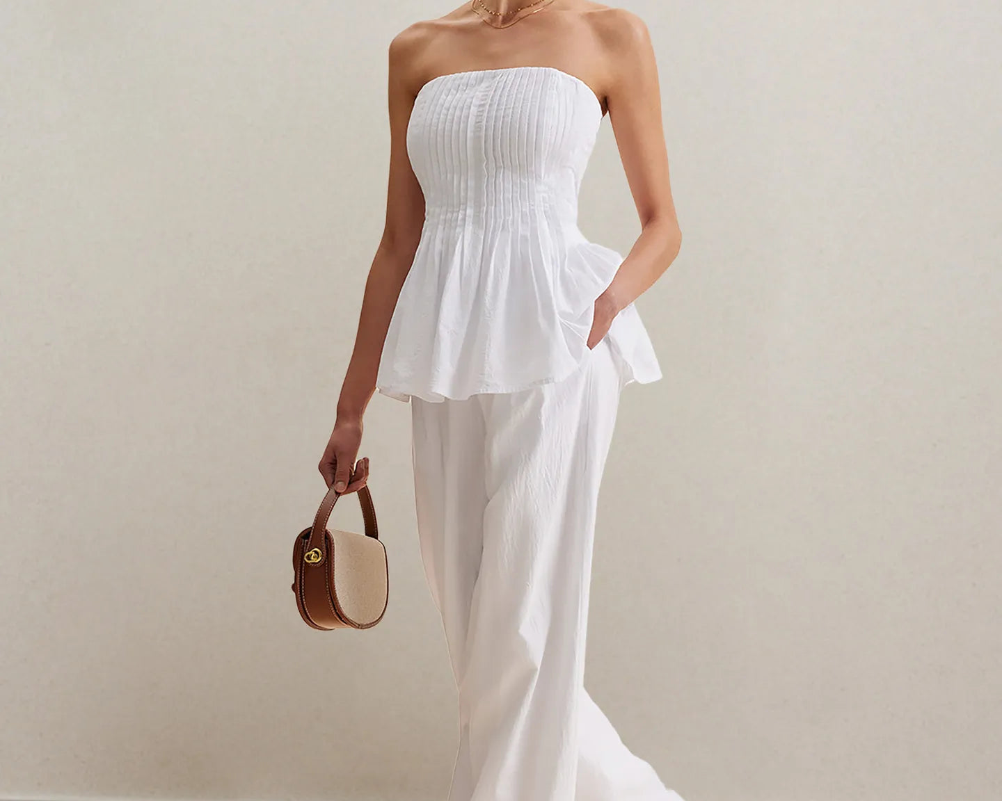 NEWYORKLISTED STYLE COLLECTION: Strapless Peplum Top and Wide-Leg Pant Set in Luxe Rayon