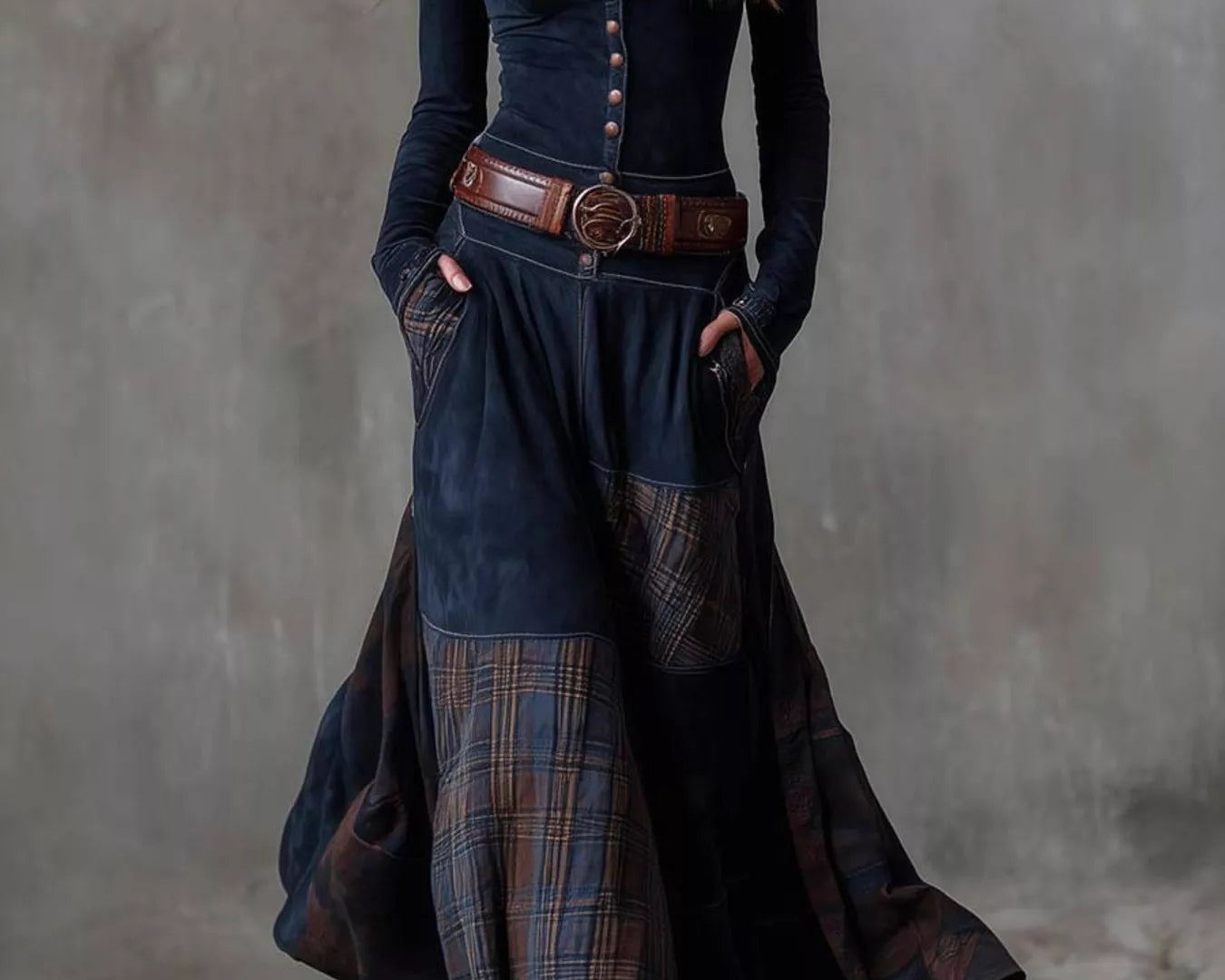 NEWYORKLISTED Style Collection: Woman wearing a long, dark blue dress with plaid pattern and brown belt against a gray background